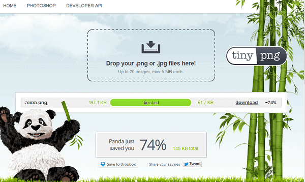 Tinypng - הצליחה להפחית 74% מגודל התמונה.