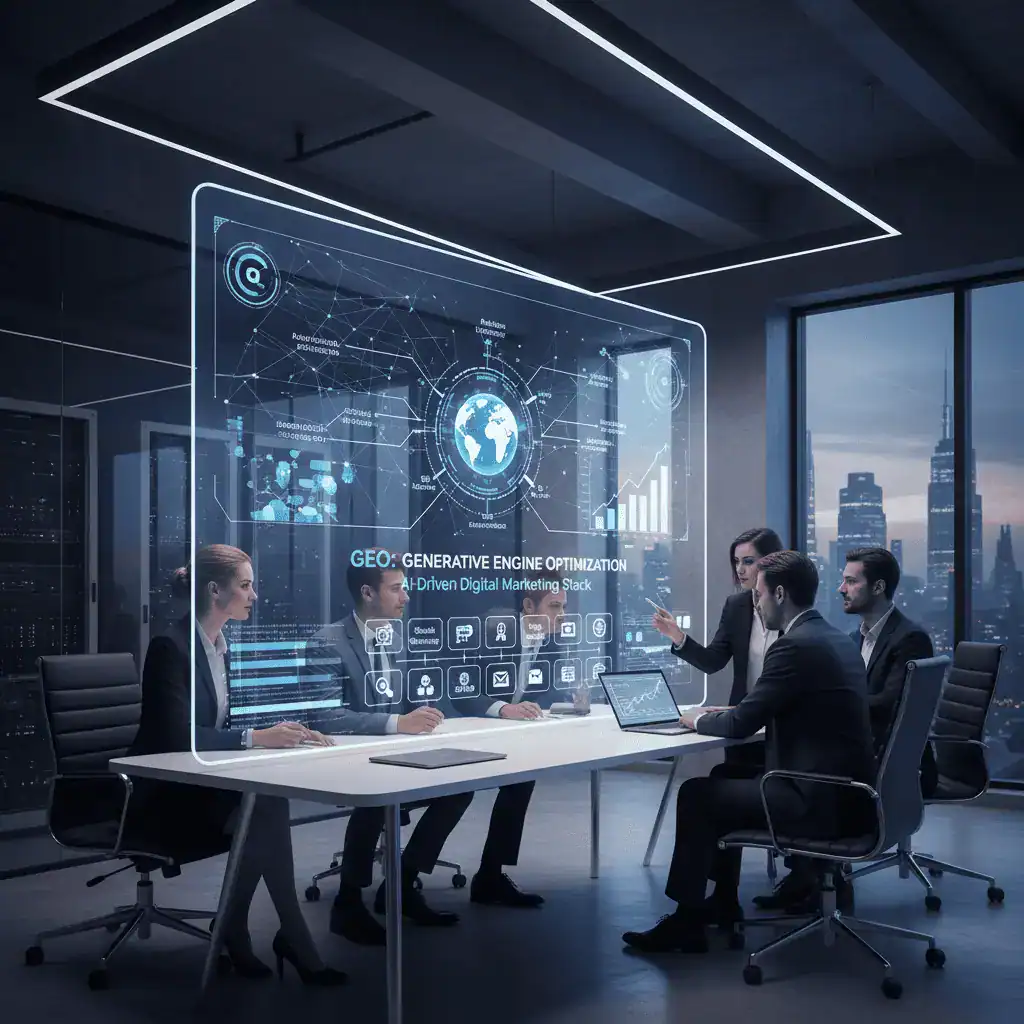 חזון עתיד השיווק הדיגיטלי: צוות יועצים בחדר ישיבות מודרני מפענח נתוני AI מתקדמים ליצירת מהלכי קידום מותאמים אישית (SEO).